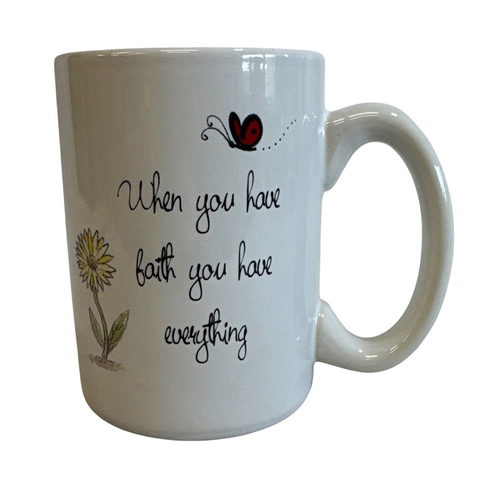 White Ceramic Faith Coffee Mug Butterfly Sunflower Inspirational Quote